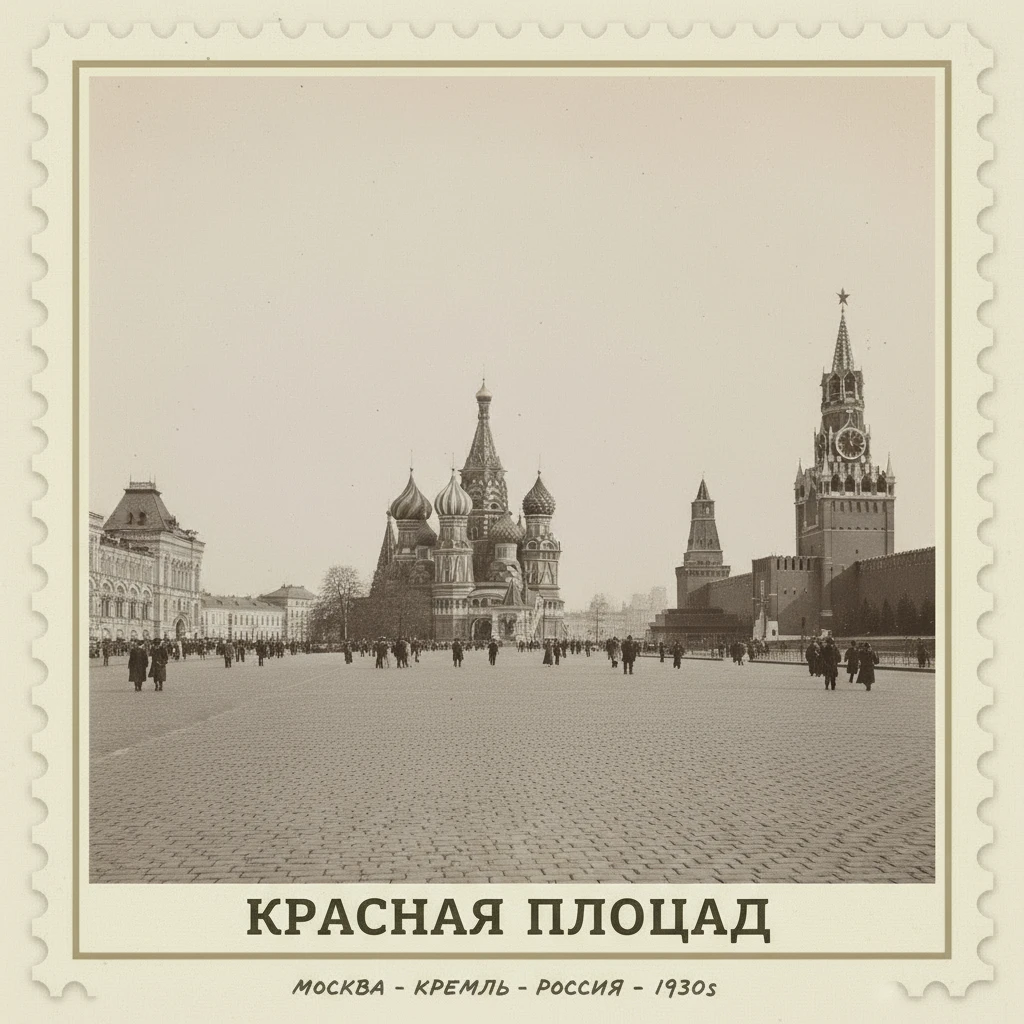 Марка на которой изображен Красная площадь с Кремлем

Стиль марки такой же, как на прикрепленном фото emoji