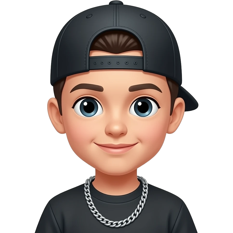 Un niño con gorra de costado con cadena emoji