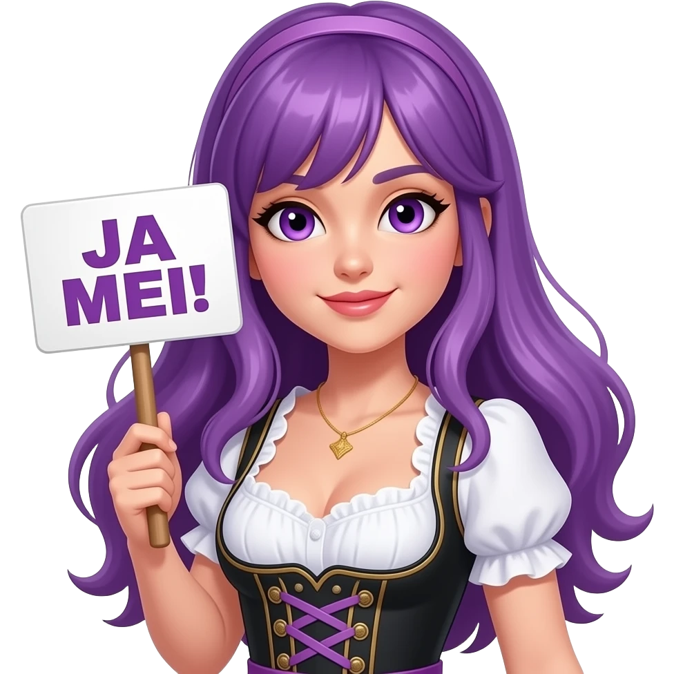sexy girl with long purple hair and purple eyes wearing a dirndl holding a JA MEI! sign emoji