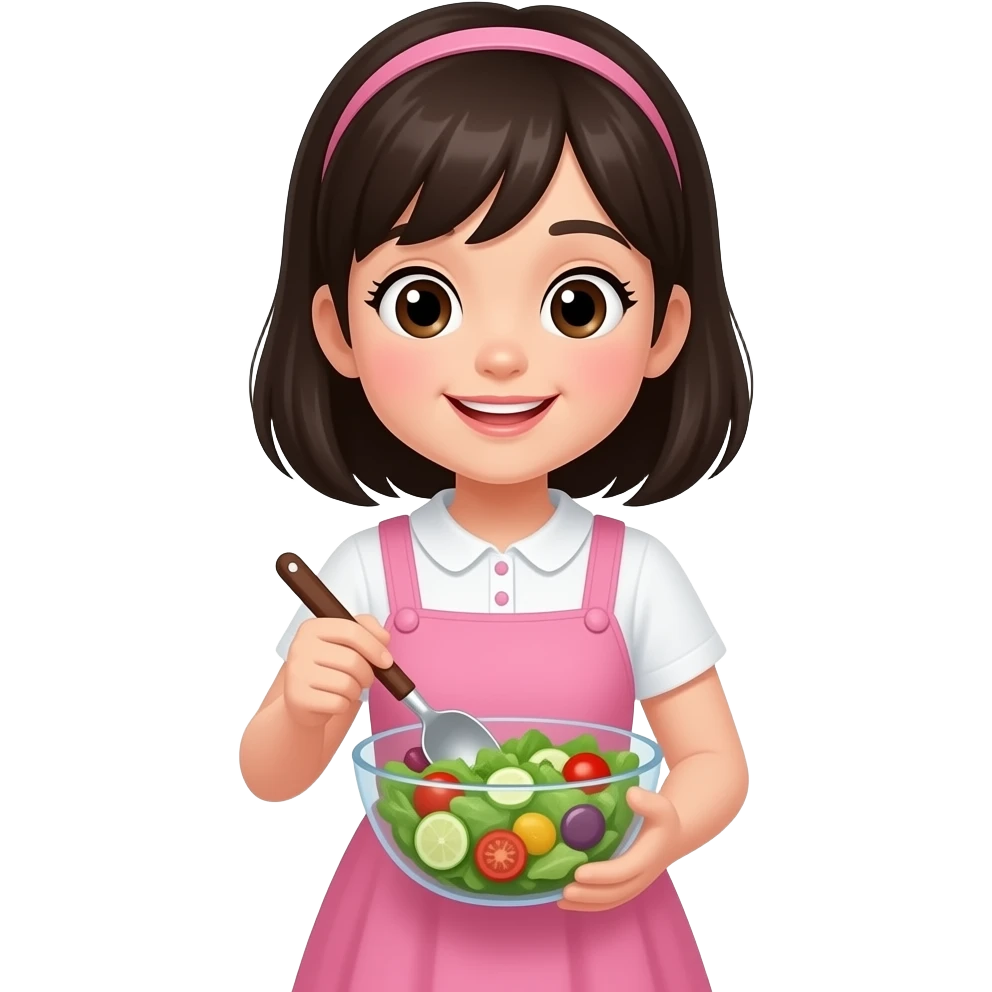 chica de cabello oscuro y corto, sin accesorios, con vestido color rosa, cocinando una ensalada emoji