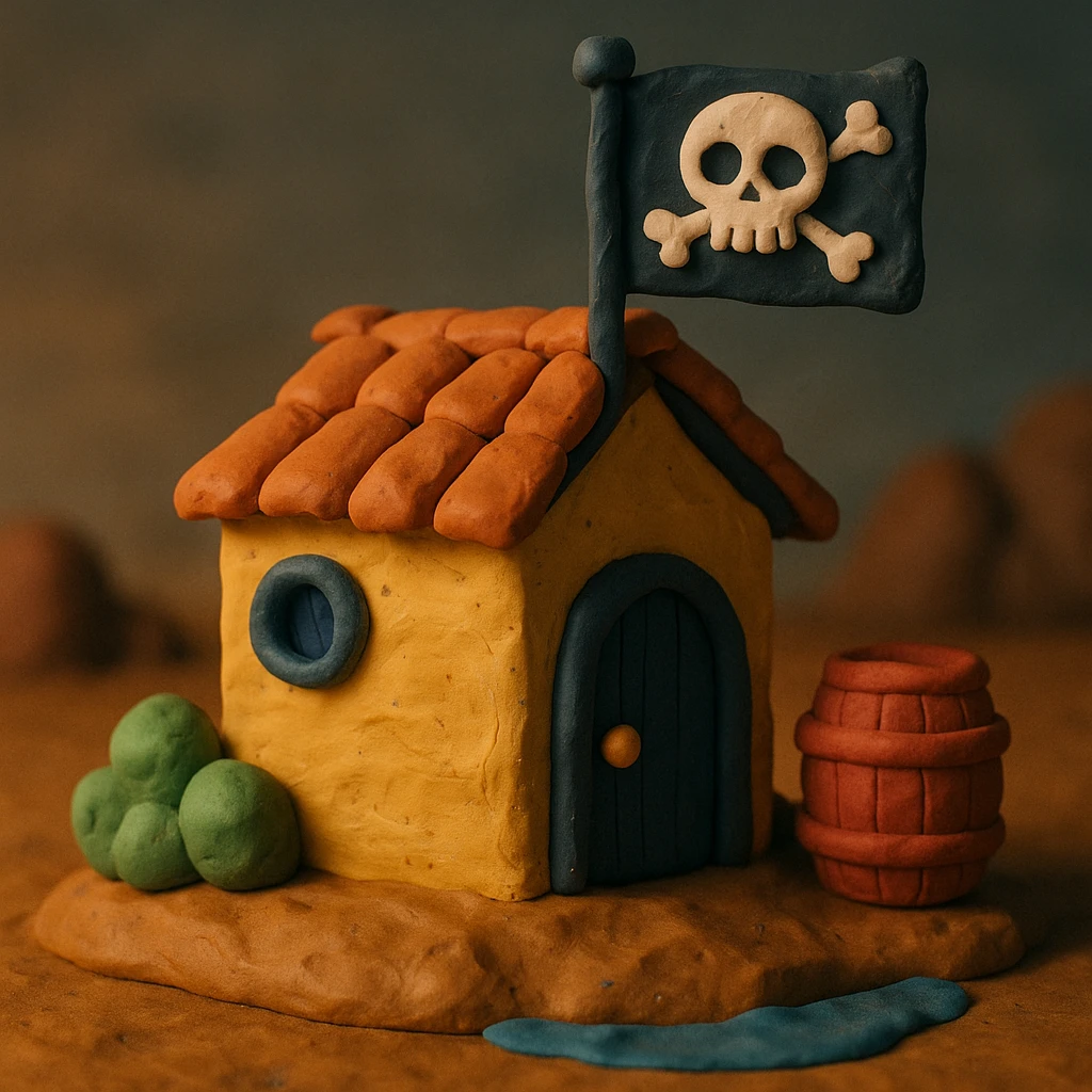 old pirate's house with skull flag emoji