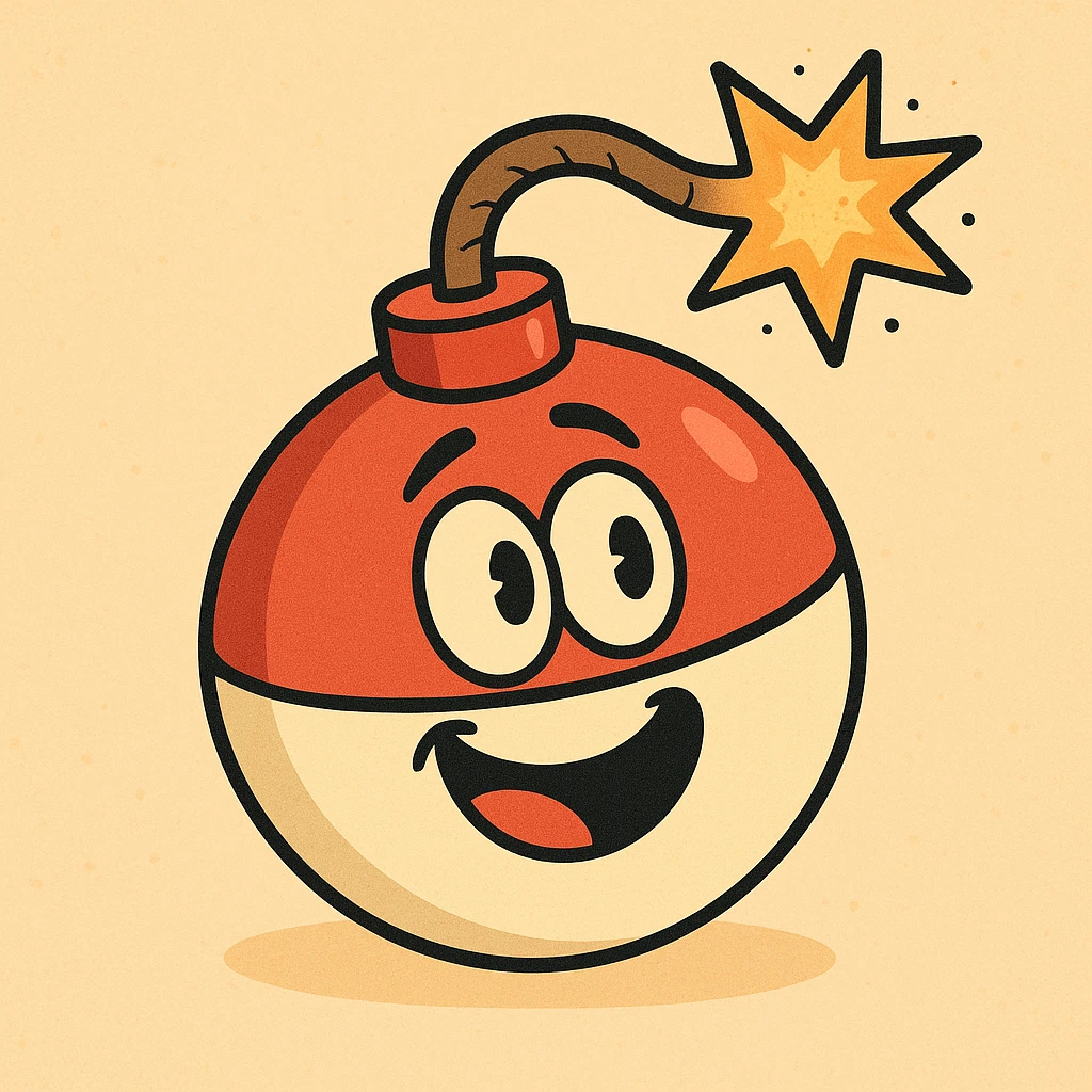 Illustration of a bomb shaped like a fishing bobber, with a fuse and bold outlines, flat toon style, simple and colorful, playful emoji