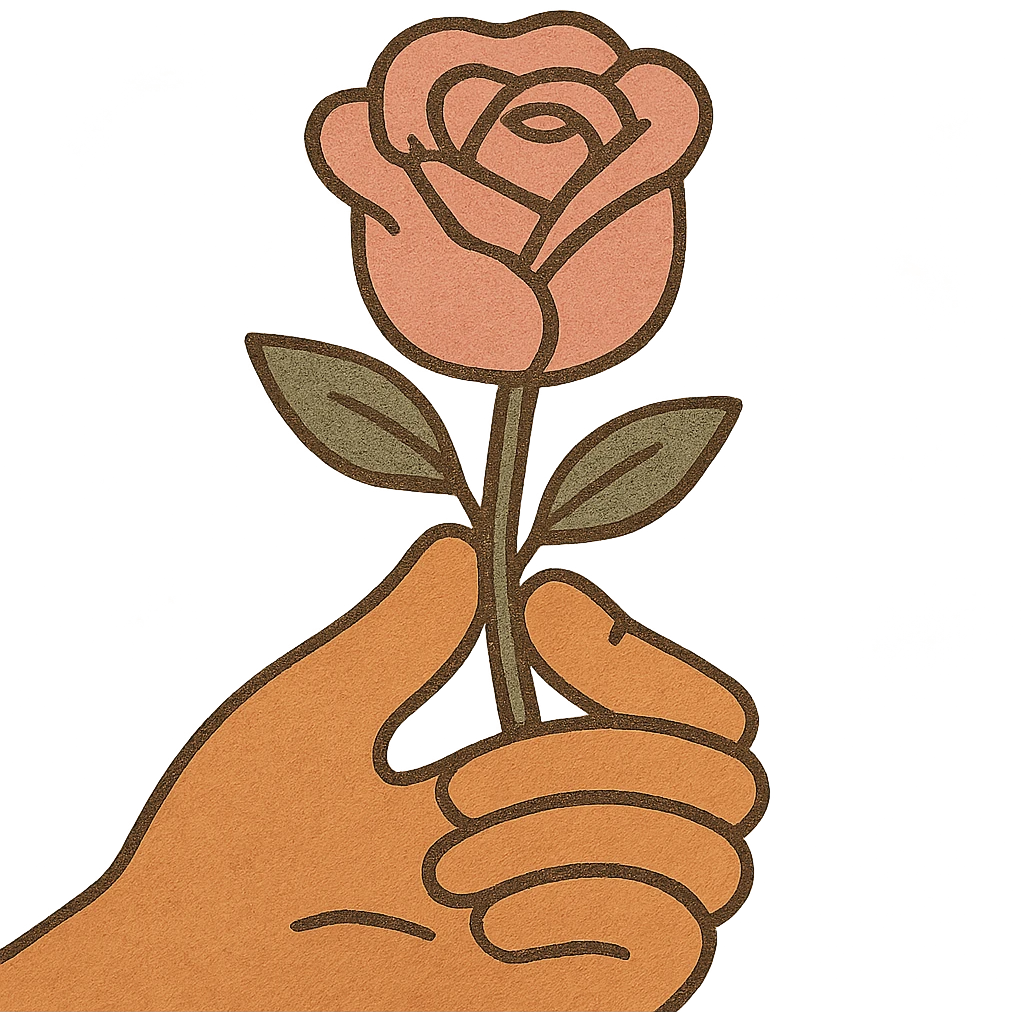A flat illustration of a hand holding a pink rose, minimalist vector style, cartoon-like, 2D design, no shadows, soft pastel colors, clean lines, emoji aesthetic emoji