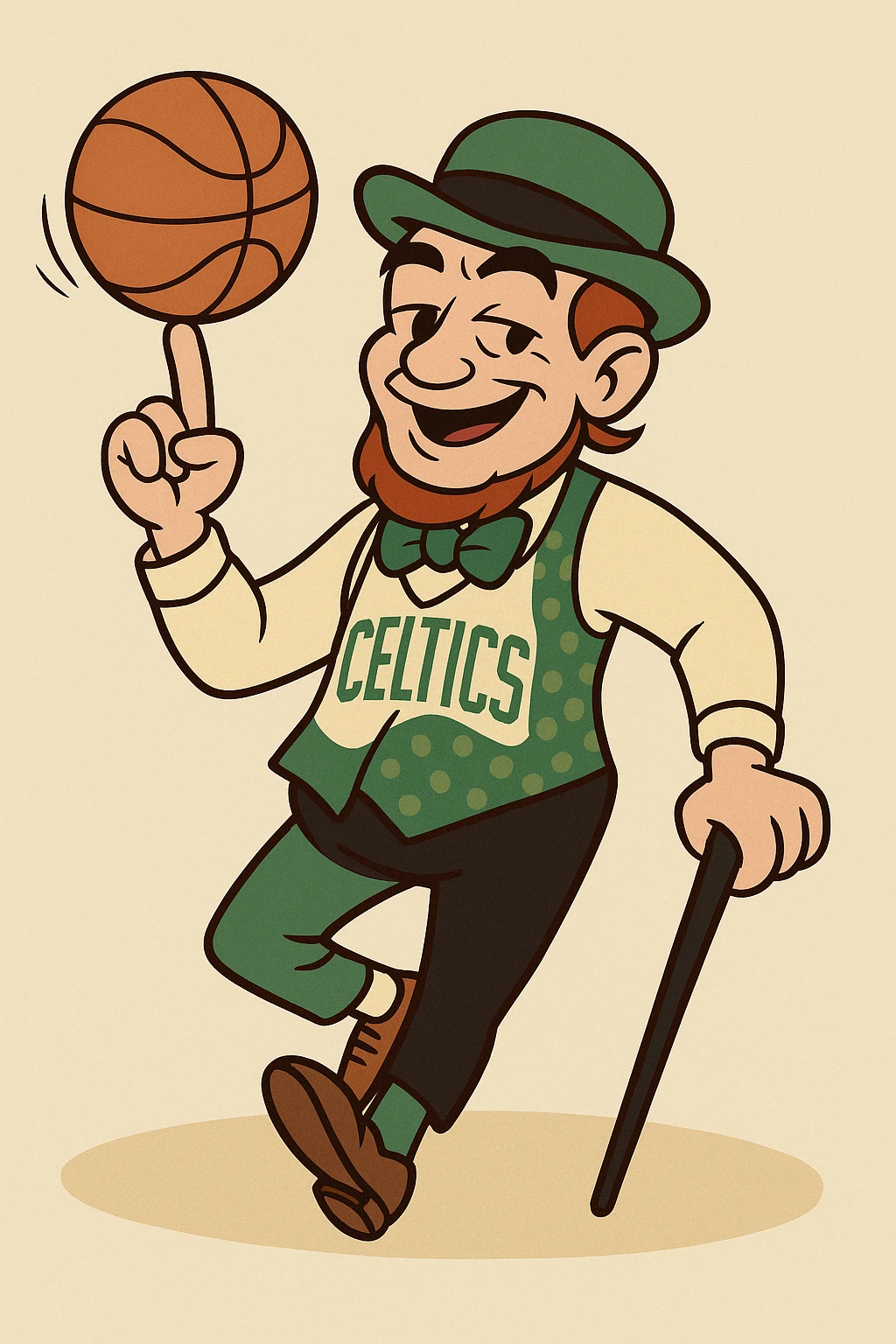 Boston Celtics mascot Lucky the Leprechaun spinning a basketball, cartoon style, green suit, energetic pose emoji