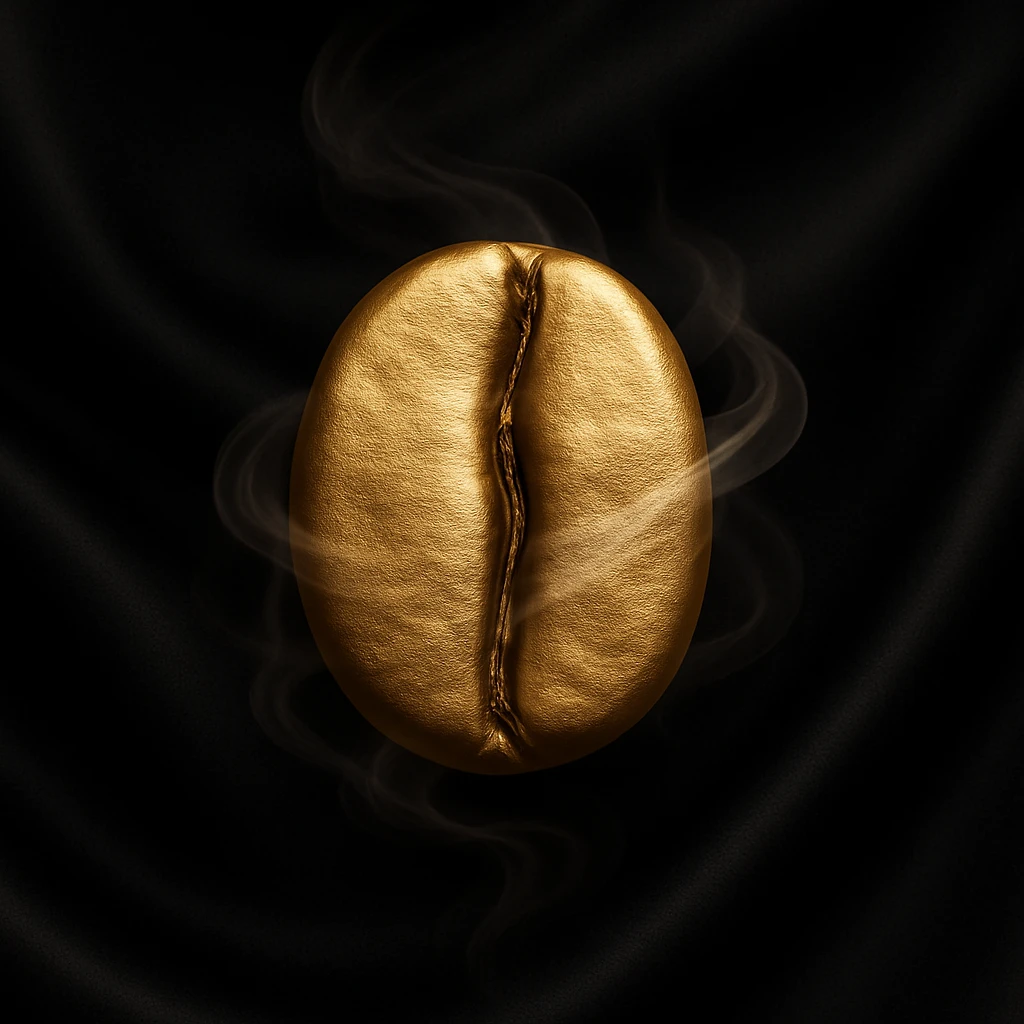 a single golden coffee bean, highly detailed and realistic, clean minimalist luxurious elegant style, bean wrapped in soft swirling mist evoking warmth and aroma of freshly brewed coffee, highest resolution, suitable for logo and branding, inspired by reference image, luxurious black satin background with transparent edges emoji
