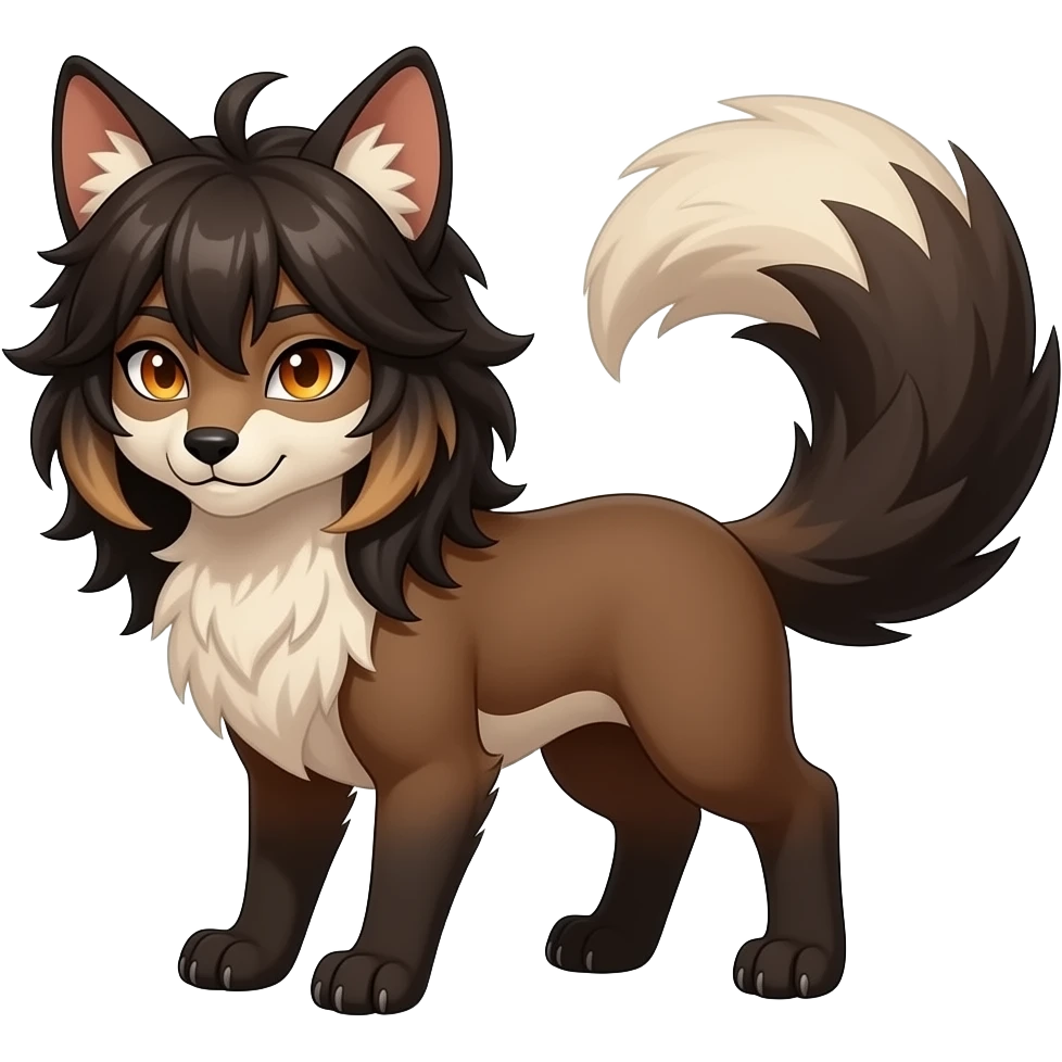 Brown and beige badass elegant wild beautiful natural cute badass epic exotic anthro modern furry 2-legged sergal-vernid-creature, full body, dark-brown-black-gradient pretty hair, with a long tufted tail, beautiful hazel-orange eyes, aesthetic, art by LiLaiRa, art by art by Falvie emoji