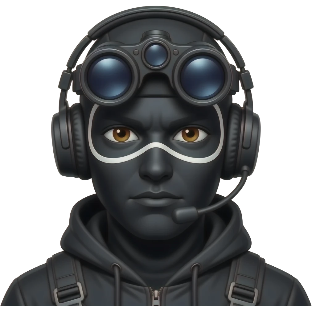 man with brown eyes wearing black clothes, face total painted black and a blackwhite balaclava and wears a headset and a big black night vision device on his headtop emoji