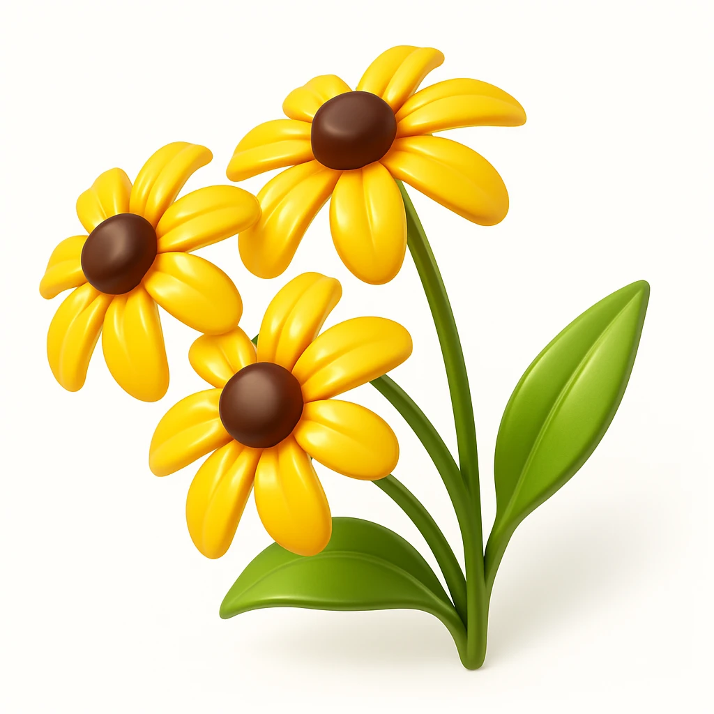 Make three yellow rudbeckia flowers with green leaves more volumetric, add pronounced light and shadow effects and realistic highlights in 3D iOS style, on a white background. emoji