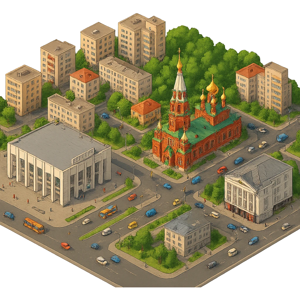 Изометричная чёткая миниатюрная фотореалистичная 3D модель панорамы Перми — Пермский академический Театр-Театр, Театр оперы и балета, Вознесенско-Феодосиевская церковь, Черняевский лес,  люди, несколько типичных пермских домов, автотранспорт. Вид сверху в изометрии, яркие цвета, мультяшная рисованная реалистичность, прозрачный фон, компактная композиция, не обрезать края зданий. emoji