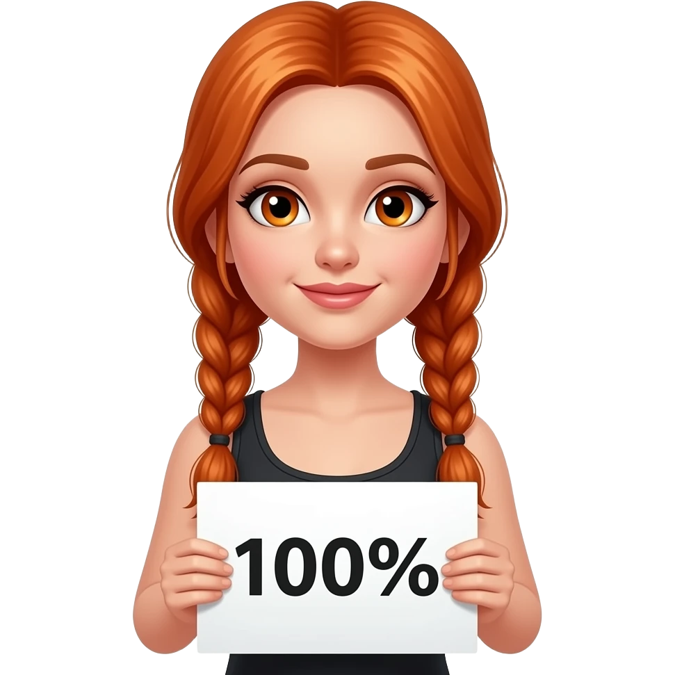 sexy girl with long ginger braids and ginger eyes wearing a black tanktop and is holding a white sign with 100% written on it emoji