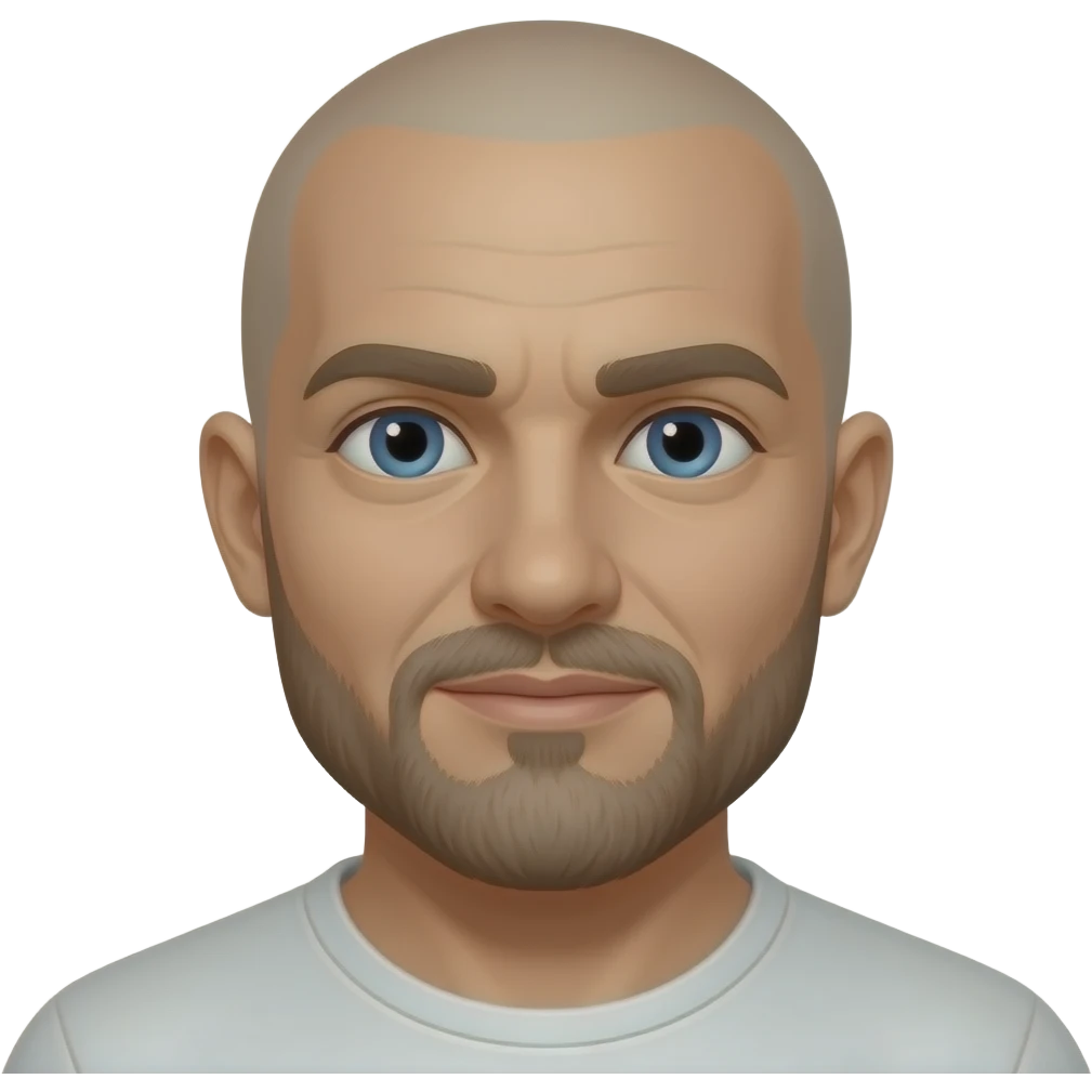 more grey in the beard. blue eyes. bald head. no hair on head. more grey in beard on chin. lighter brown eyebrows emoji