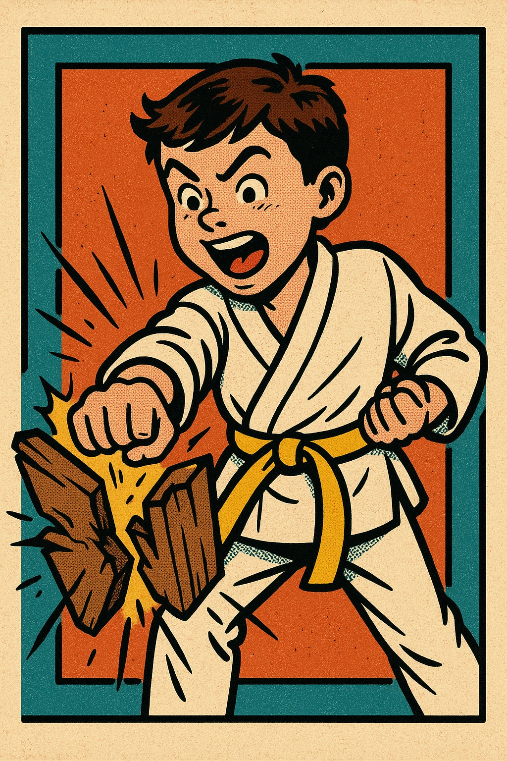 karate kid breaking a board, yellow belt, excited expression, vibrant comic book style emoji
