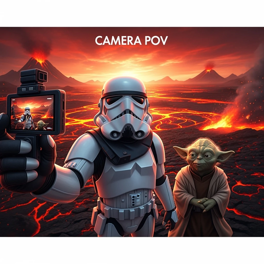 make digital poster art of Camera POV, Starwars stormtroopers vlogging selfie, he is walking on lava planet with yoda
 emoji