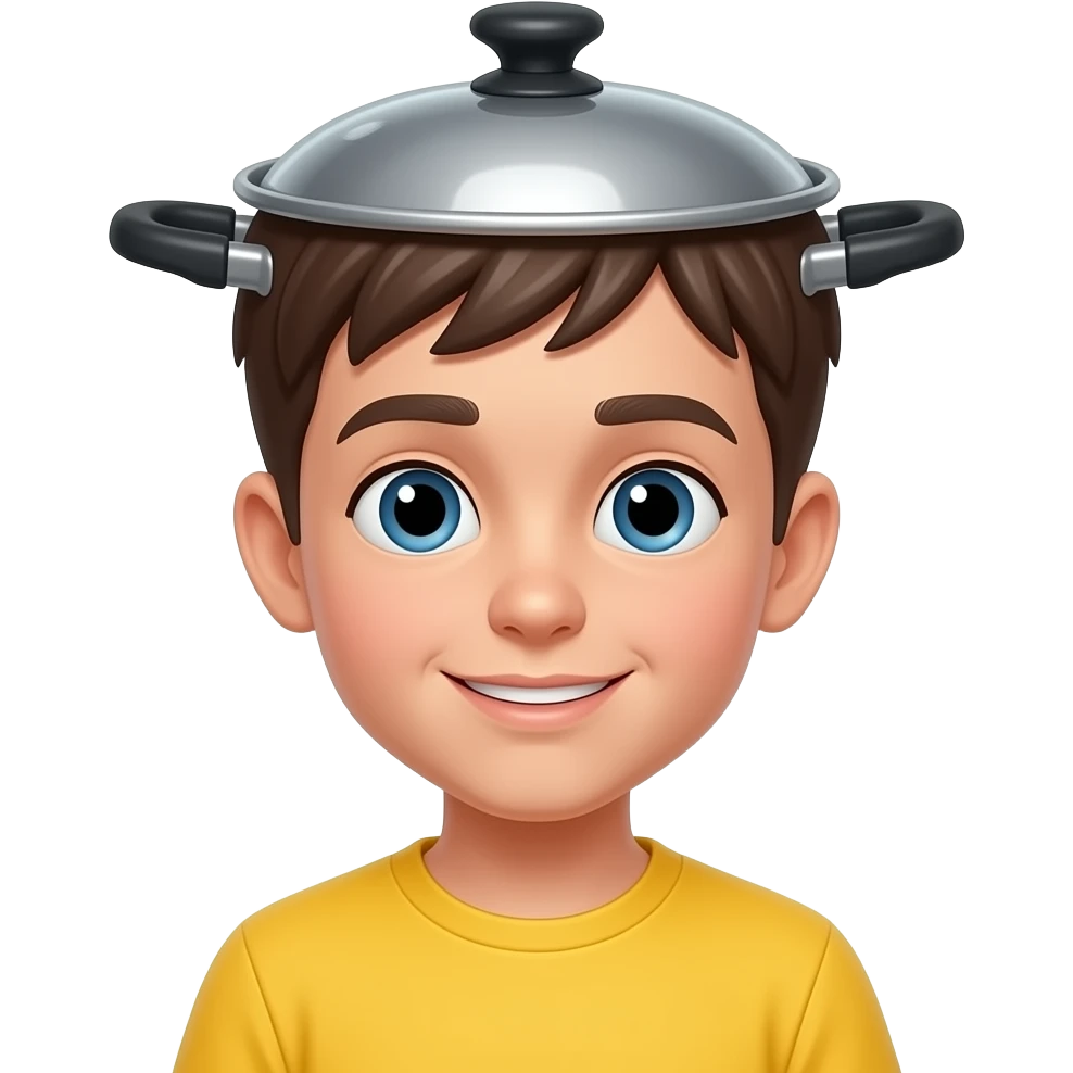 Menino de camisa amarela com uma panela sem tampa encaixada na cabeça. emoji