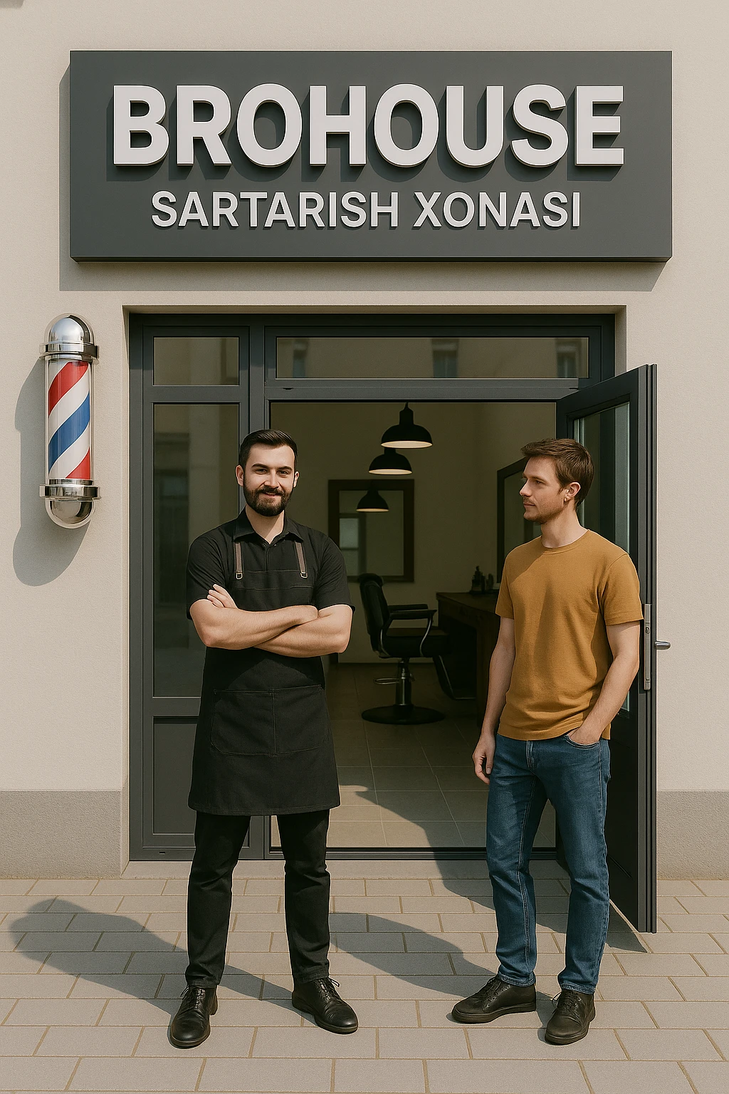 eni shu rasimga boyagi sartaosh oka eshik oldida tursin va tashqarida esa mijoz emoji