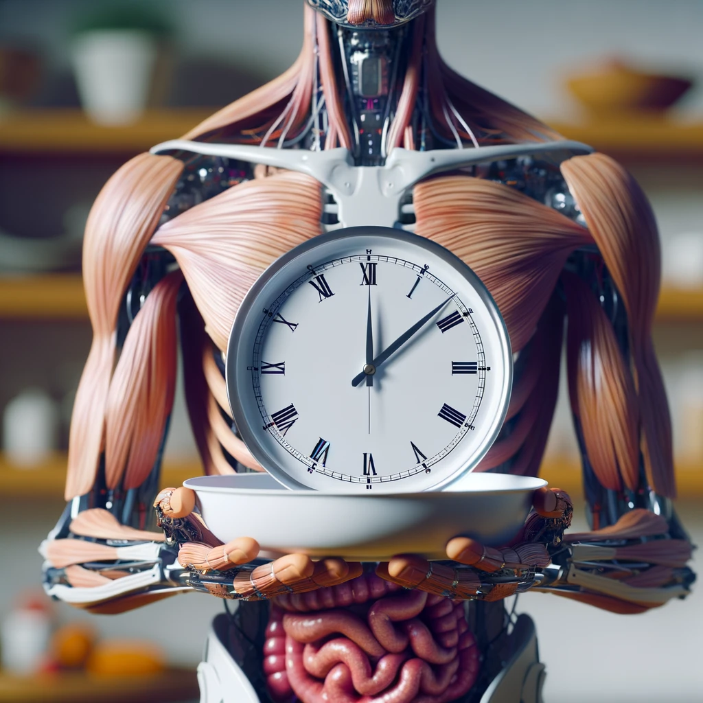corpo umano anatomico, che tiene in mano un piatto bianco con la lancette di un orologio sopra, figura visibile fino ai fianchi, espressione del volto soddisfatta, sullo sfondo la sua cucina sfocata, iperrealistico 4k emoji