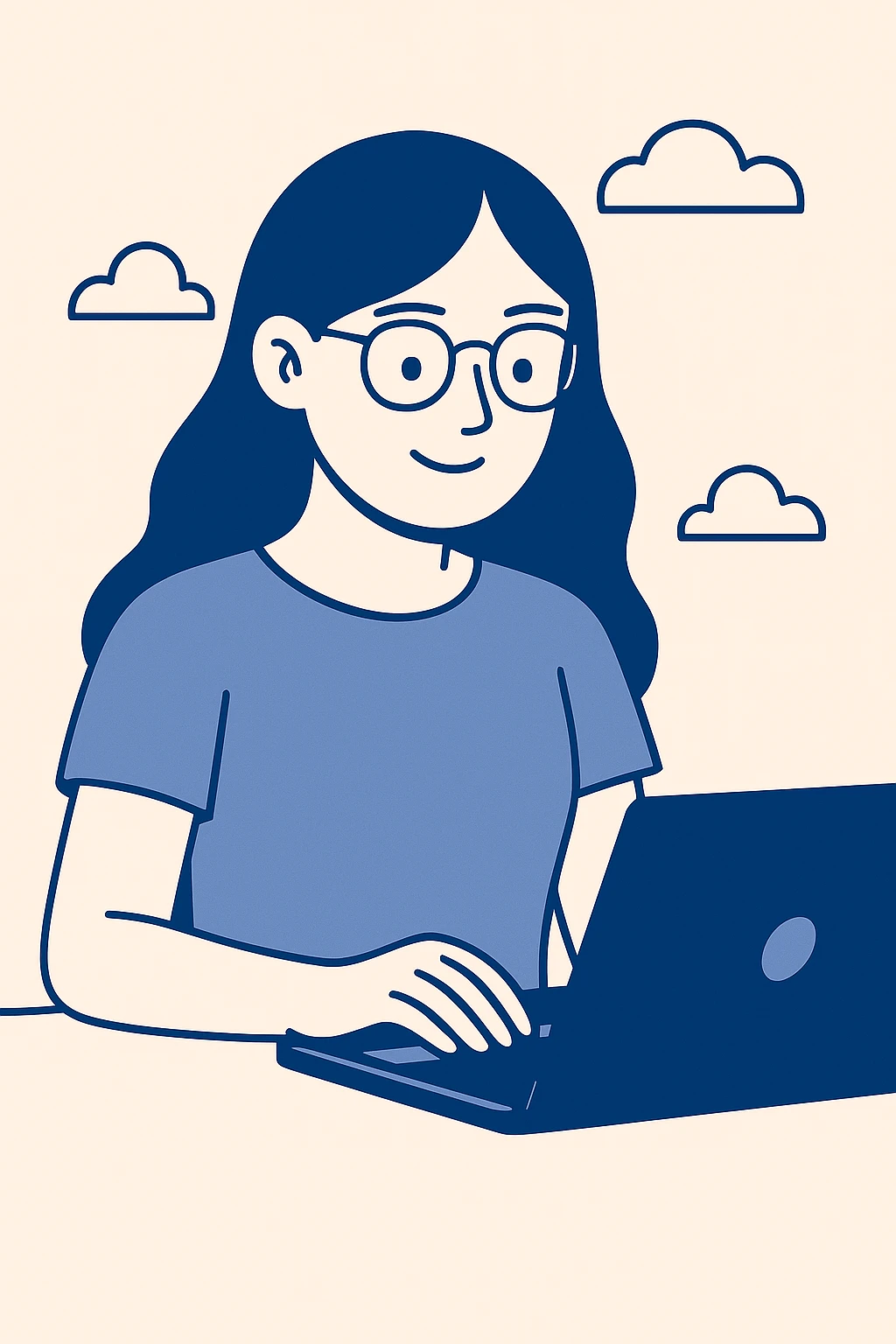 Make the girl smile, keep her long hair and glasses, focused on work, clean modern illustration style with soft and clear lines, balanced colors, and a professional atmosphere. emoji