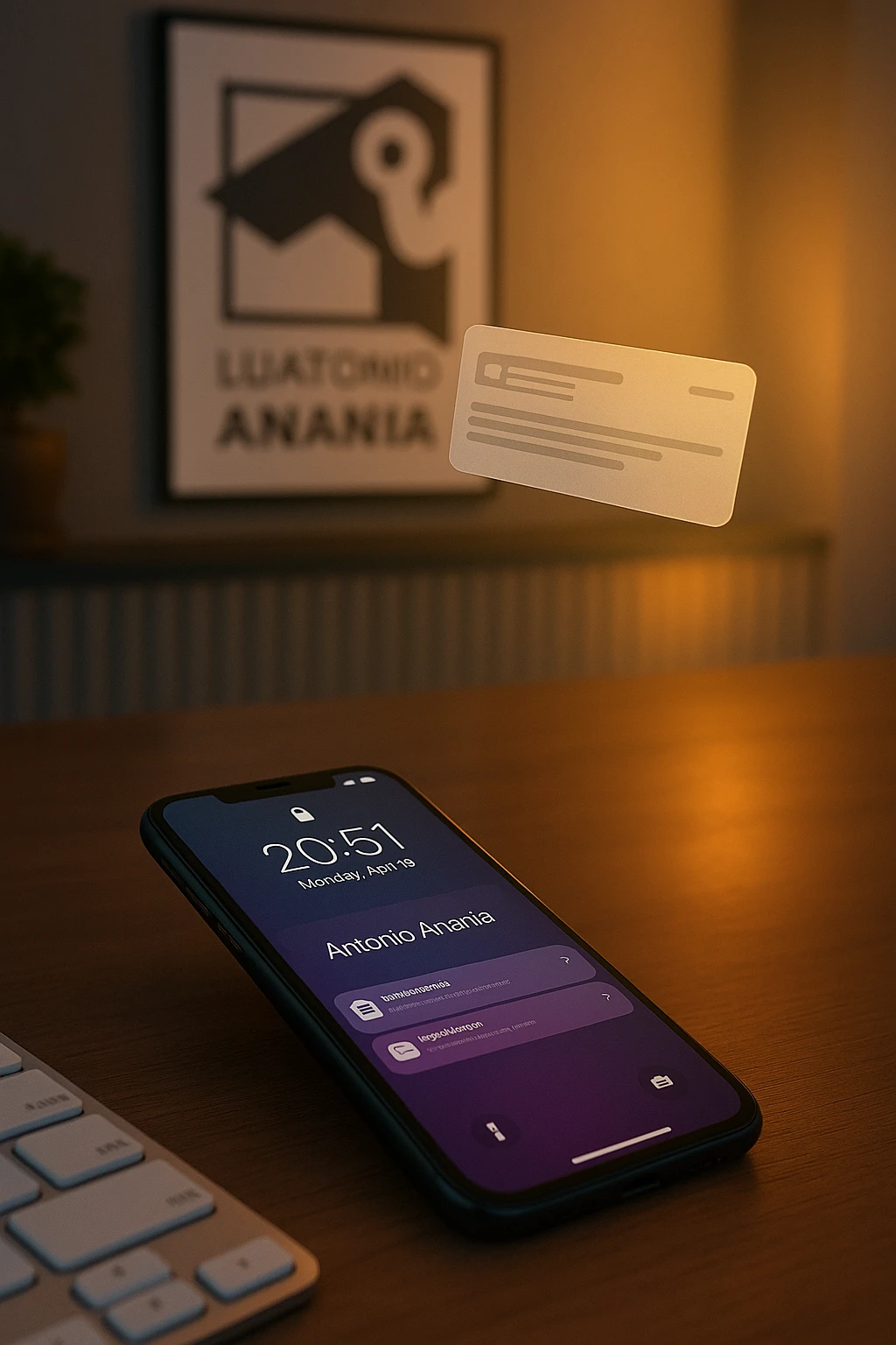 A photo of an iPhone with the message "Antonio Anania" on its screen, hovering over it is another document floating in mid-air, both surrounded by soft light and shadow. The phone sits atop a desk with a blurred background that suggests work environment. A faint glow from above casts gentle shadows across the surface of each object, creating depth and highlighting their textures. emoji