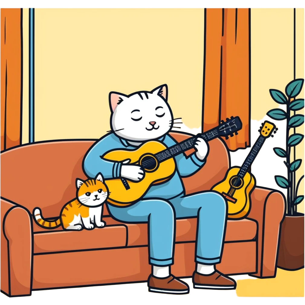  old blind man playing guitar  on the couch with his golden cat  emoji