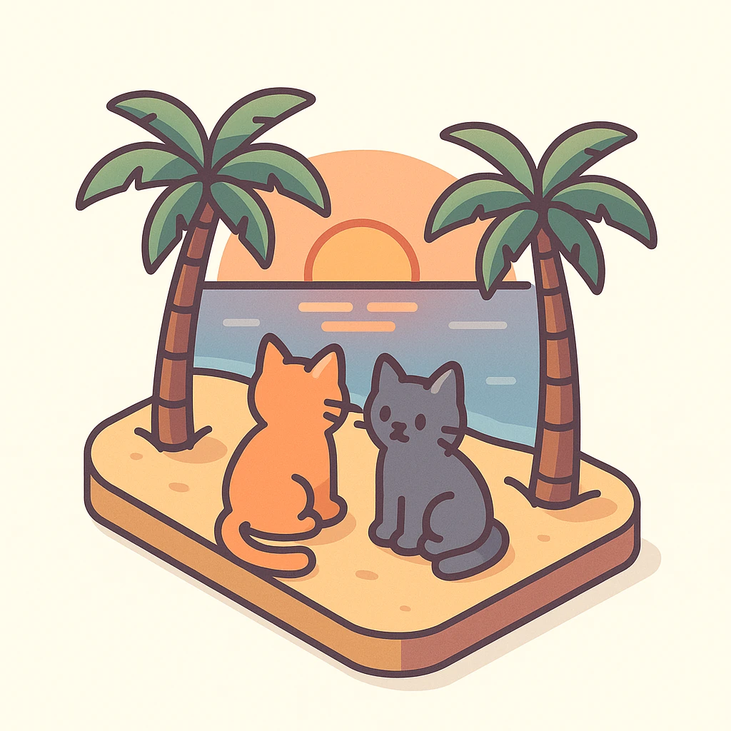 3D isometric illustration of two cats sitting on a beach at sunset with palm trees, variation 1 emoji