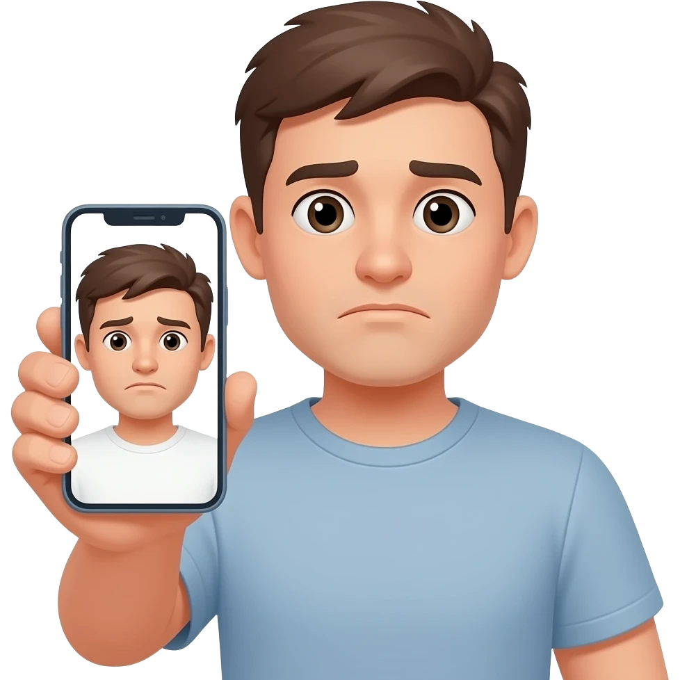 man unhappy reflection in phone screen in hand emoji