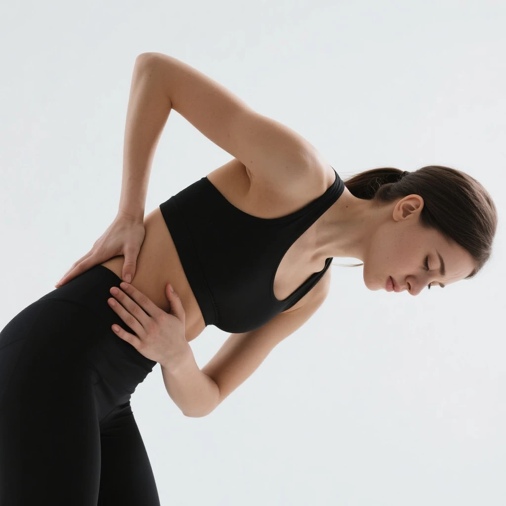 Donna in abbigliamento sportivo, che si piega leggermente all'indietro tenendosi la schiena per il dolore, sfondo neutro emoji