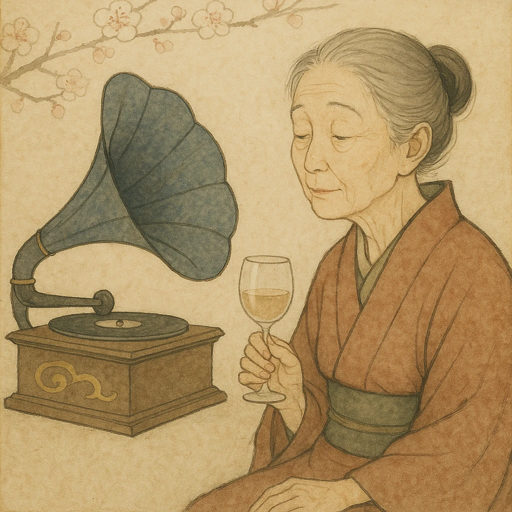 old lady with wineglass listening to gramophone emoji