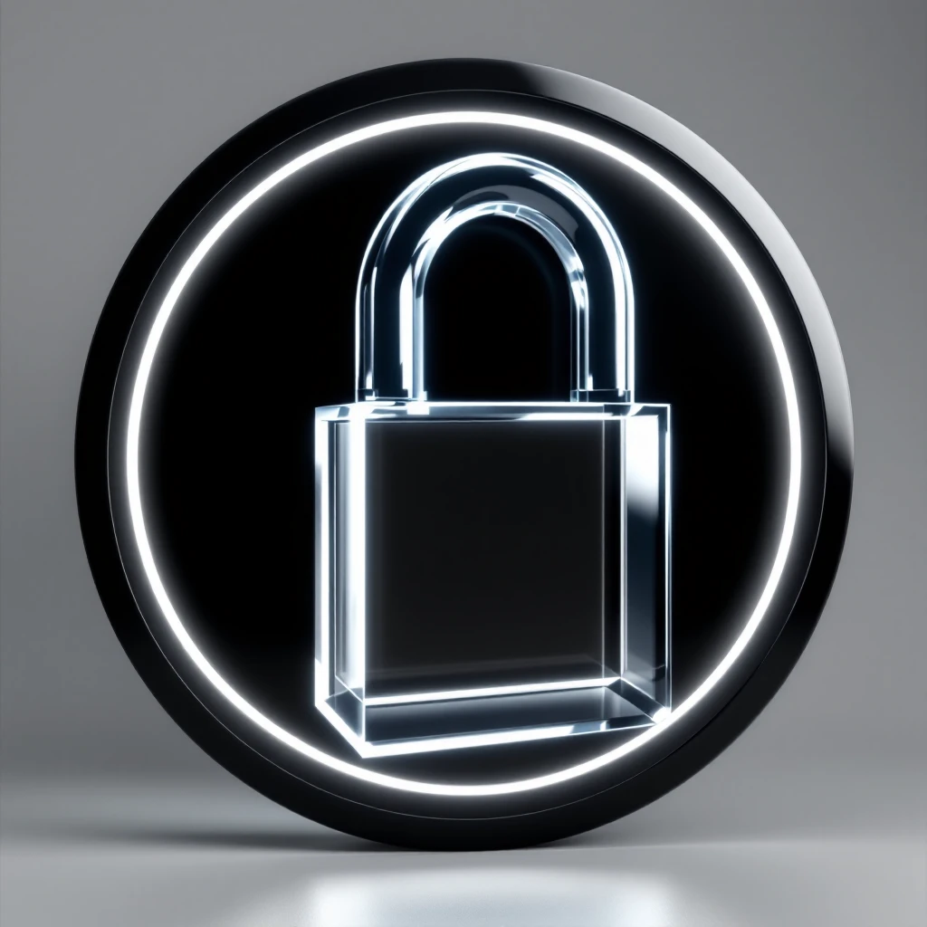 Photo of a 3d made of glass padlock, black void around symmetrical 3d render, rim light emoji
