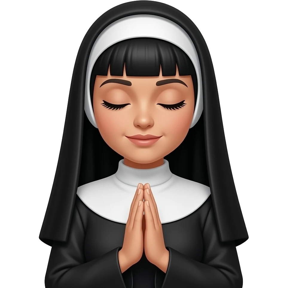 Women in nun outfit with long black hair, straight across bangs dark eyebrows, curvy chest, tan skin, eyes closed and long eyelashes praying emoji