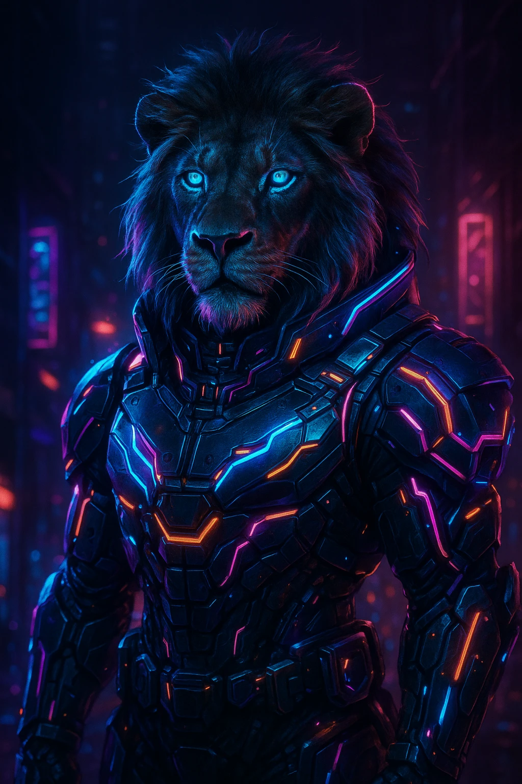 a lion in a cyberpunk suit with neon accents and futuristic details, cyberpunk style, vibrant neon colors, high-tech armor emoji