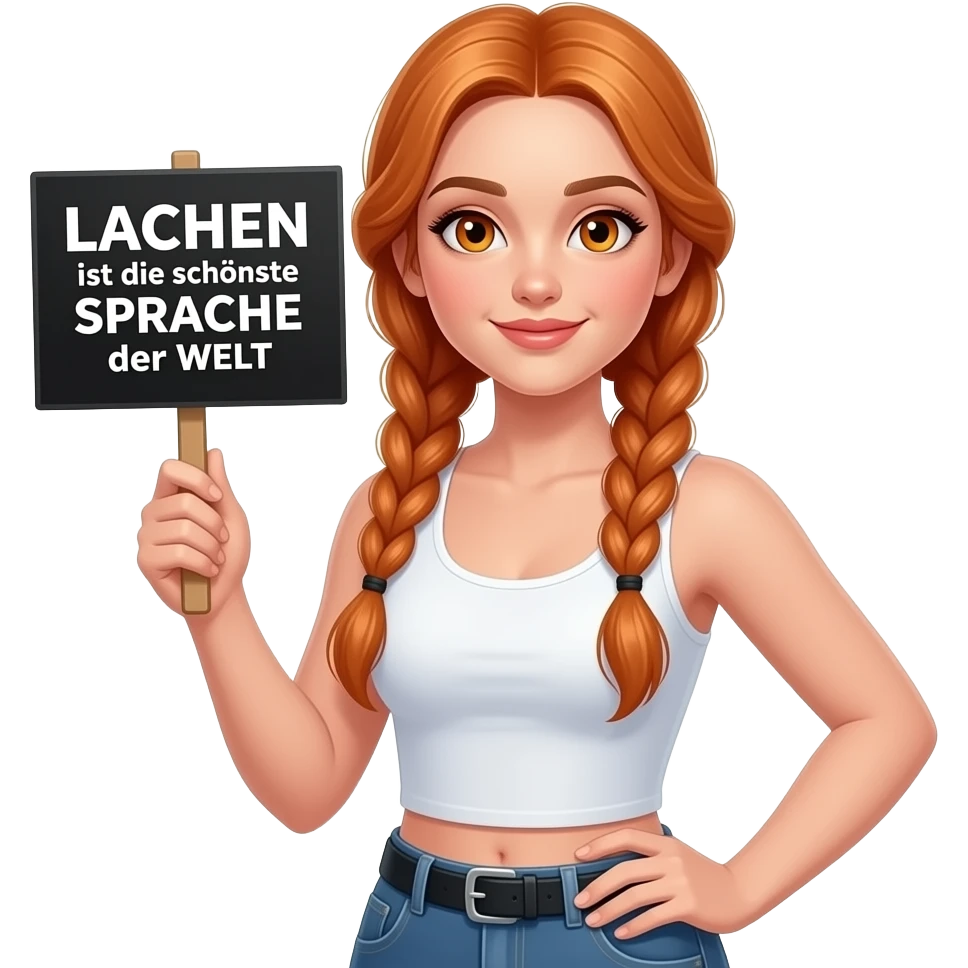 sexy girl with long ginger braids and ginger eyes wearing a white tanktop is holding a black sign with LACHEN ist die schönste SPRACHE der WELT written on it emoji