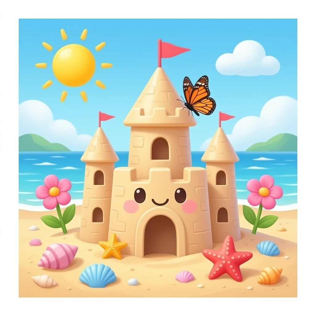 Cute pastel sandcastle on a beach, decorated with seashells, starfish, pink flowers, and a butterfly, whimsical fantasy style emoji