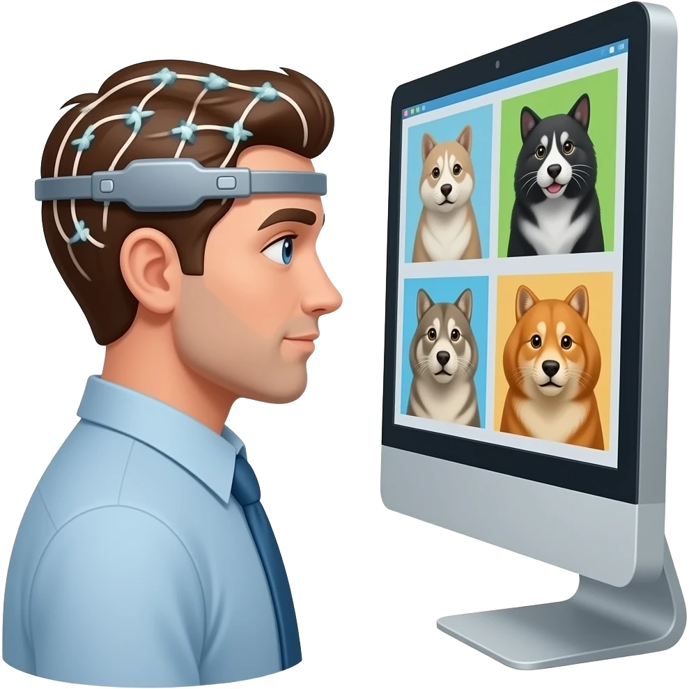 Kopf mit EEG schaut auf Bildschirm (Seitenperspektive) mit neutralem und emotionalem Tier Bildern Psychologie emoji