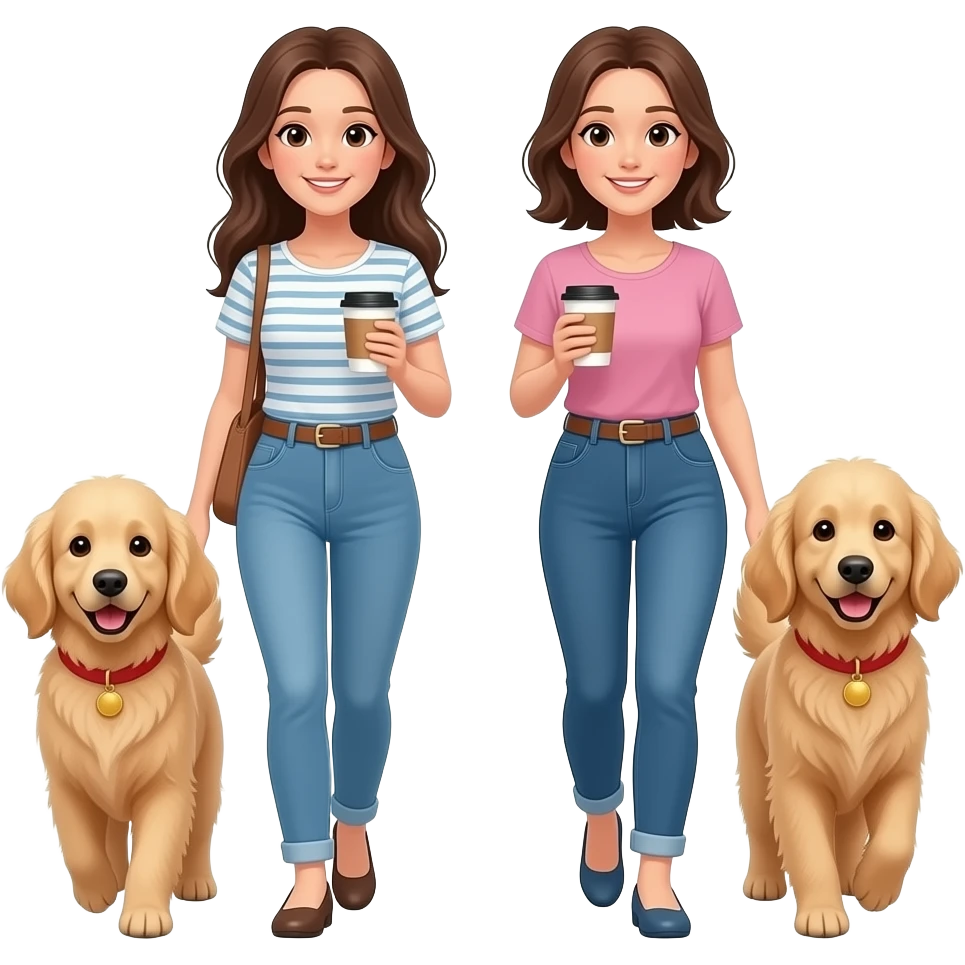 2 brown haired women walking with coffee and 2 goldendoodles emoji