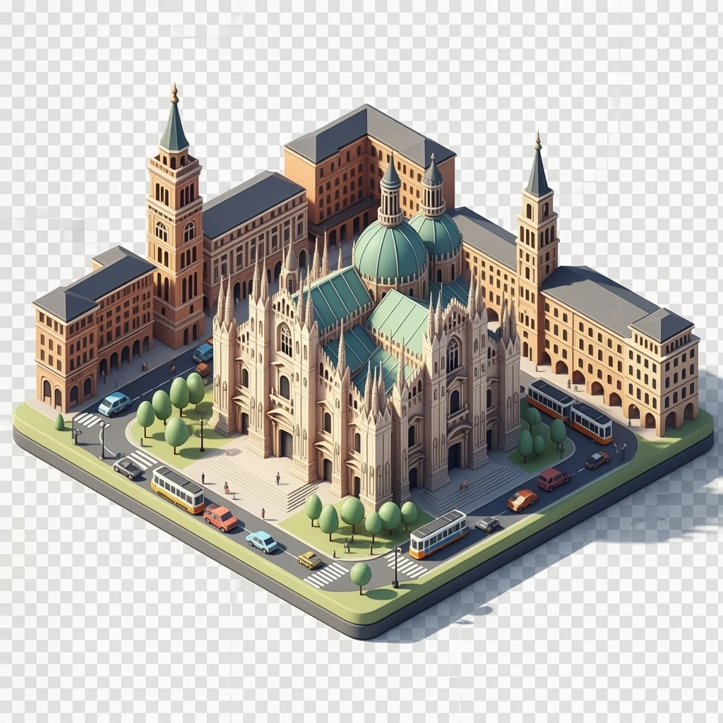 Isometric Milan with the Milan Cathedral (Duomo di Milano), toy-style elements, soft shadows, pastel diorama style, transparent background emoji