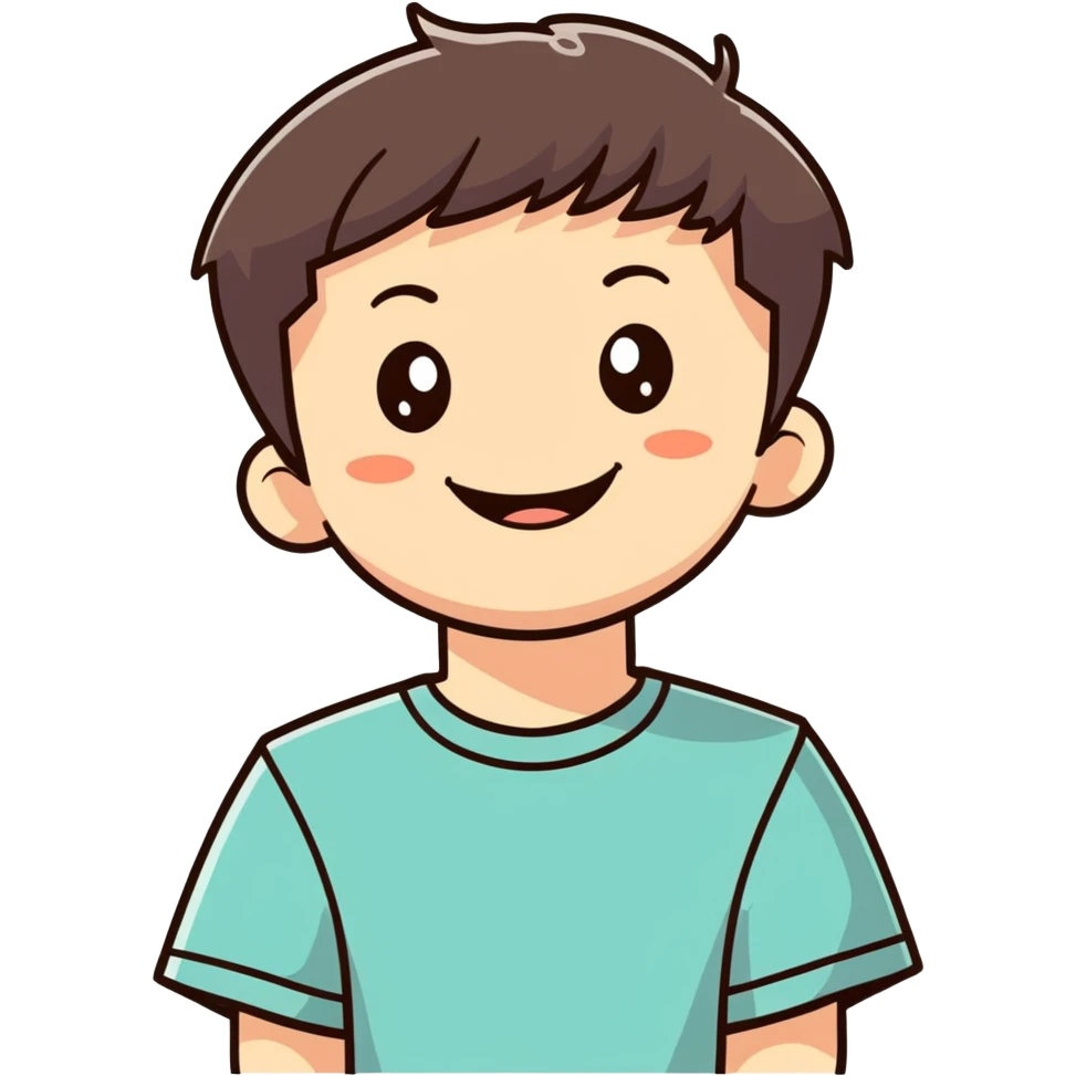 Niño blanco con pelo corto color marrón oscuro y una sonrisa enorme emoji