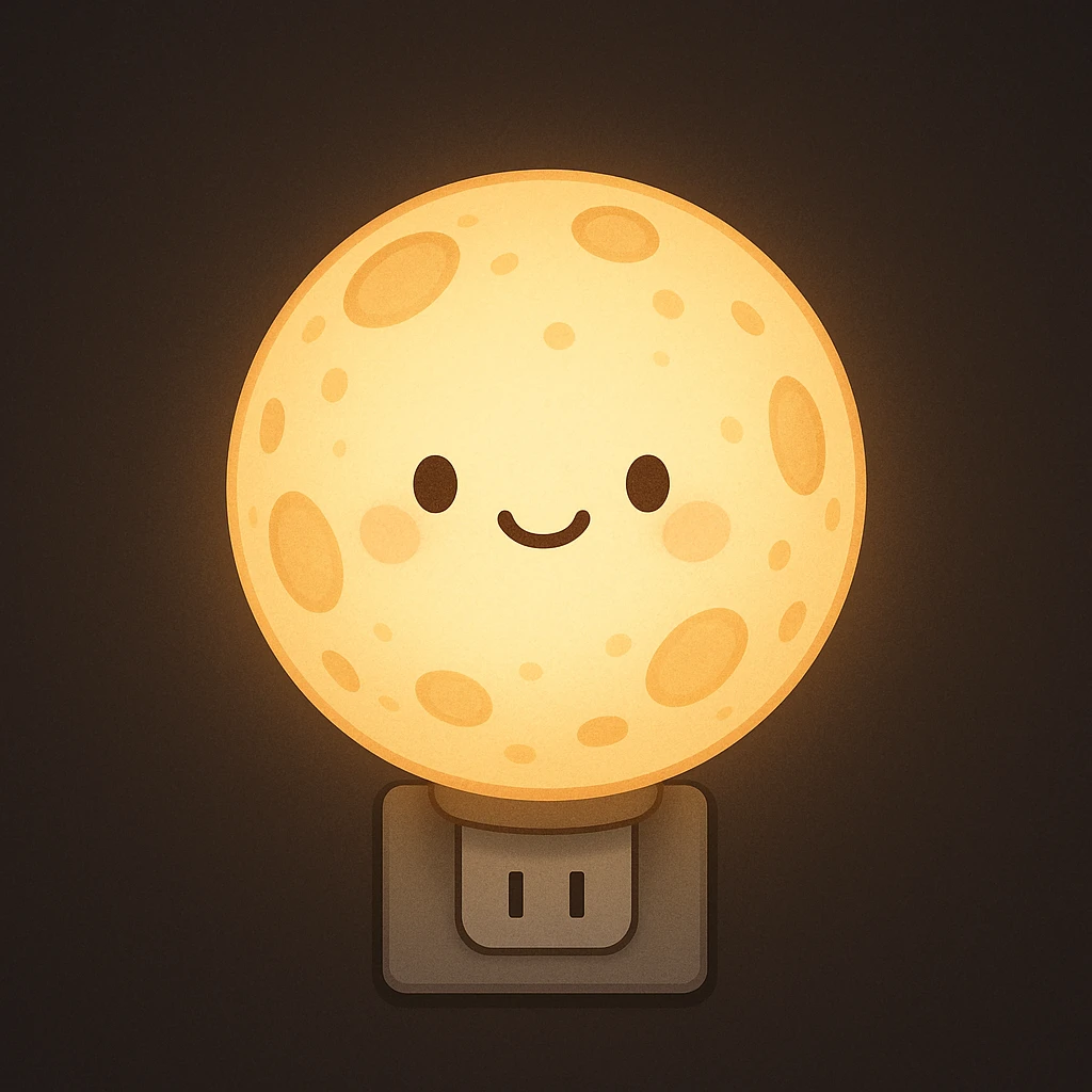 a round moon nightlight with a plug, softly illuminated, cartoon style emoji