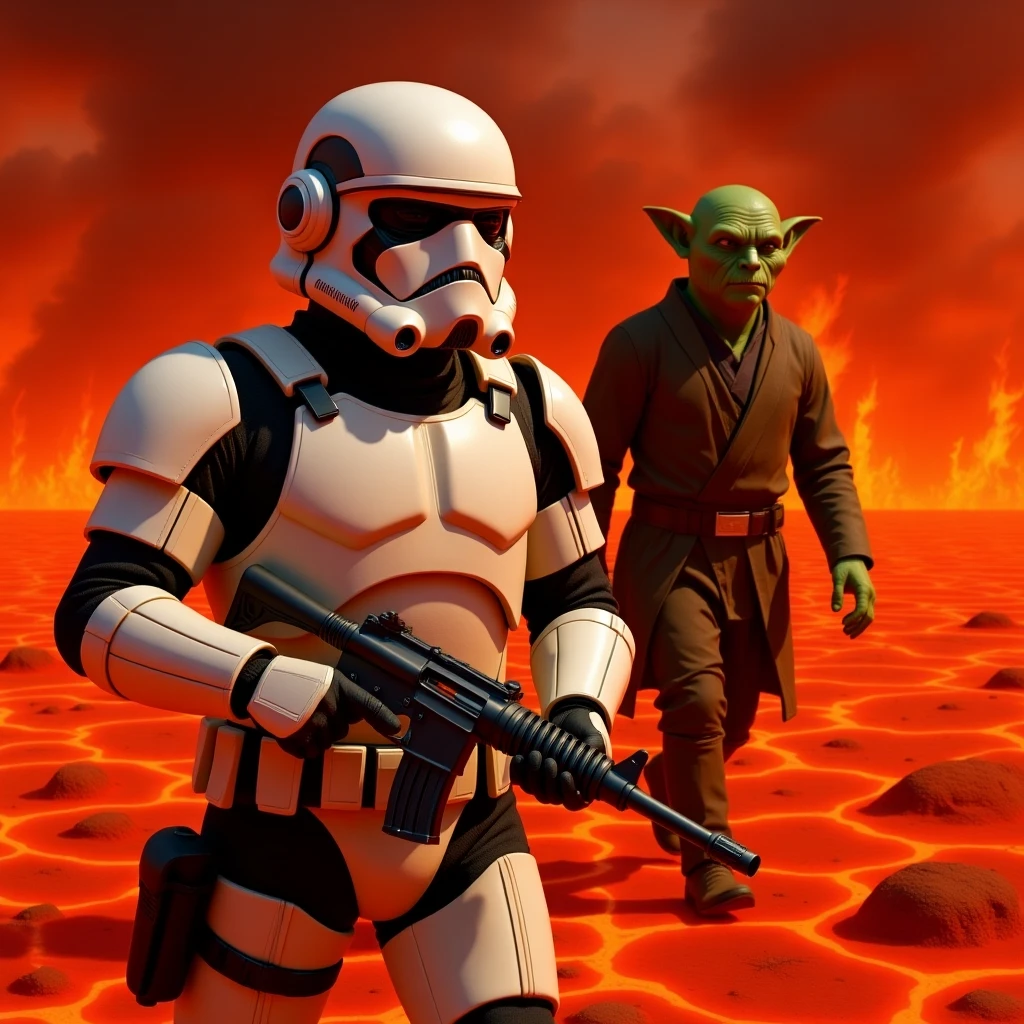 Camera POV, Starwars stormtroopers vlogging selfie, he is walking on lava planet with yoda emoji