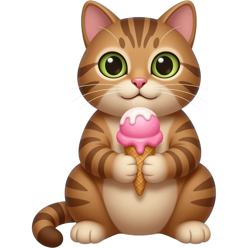 brown  cat sitting pose hold ice cream with two hands pink scope ice cream emoji