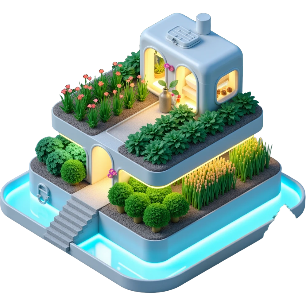 Exterior view of a futuristic hydroponic farm built on a small square platform, glowing neon pipes and transparent water channels, sleek buildings shaped like nutrient tanks, vegetables and wheat growing in vertical layers, surreal atmosphere, emoji-style emoji