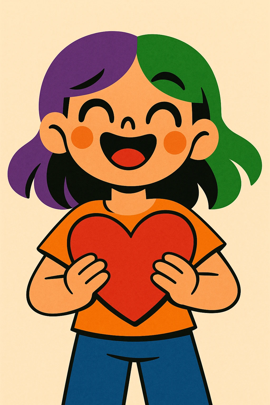 girl with half purple half green hair holding a heart, vibrant and expressive emoji