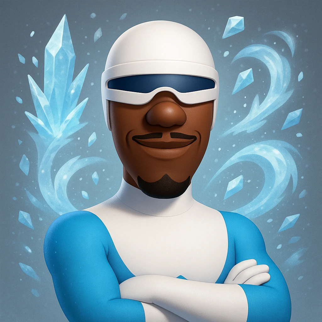 Frozone, memoji style, confident, blue and white suit, ice effect emoji