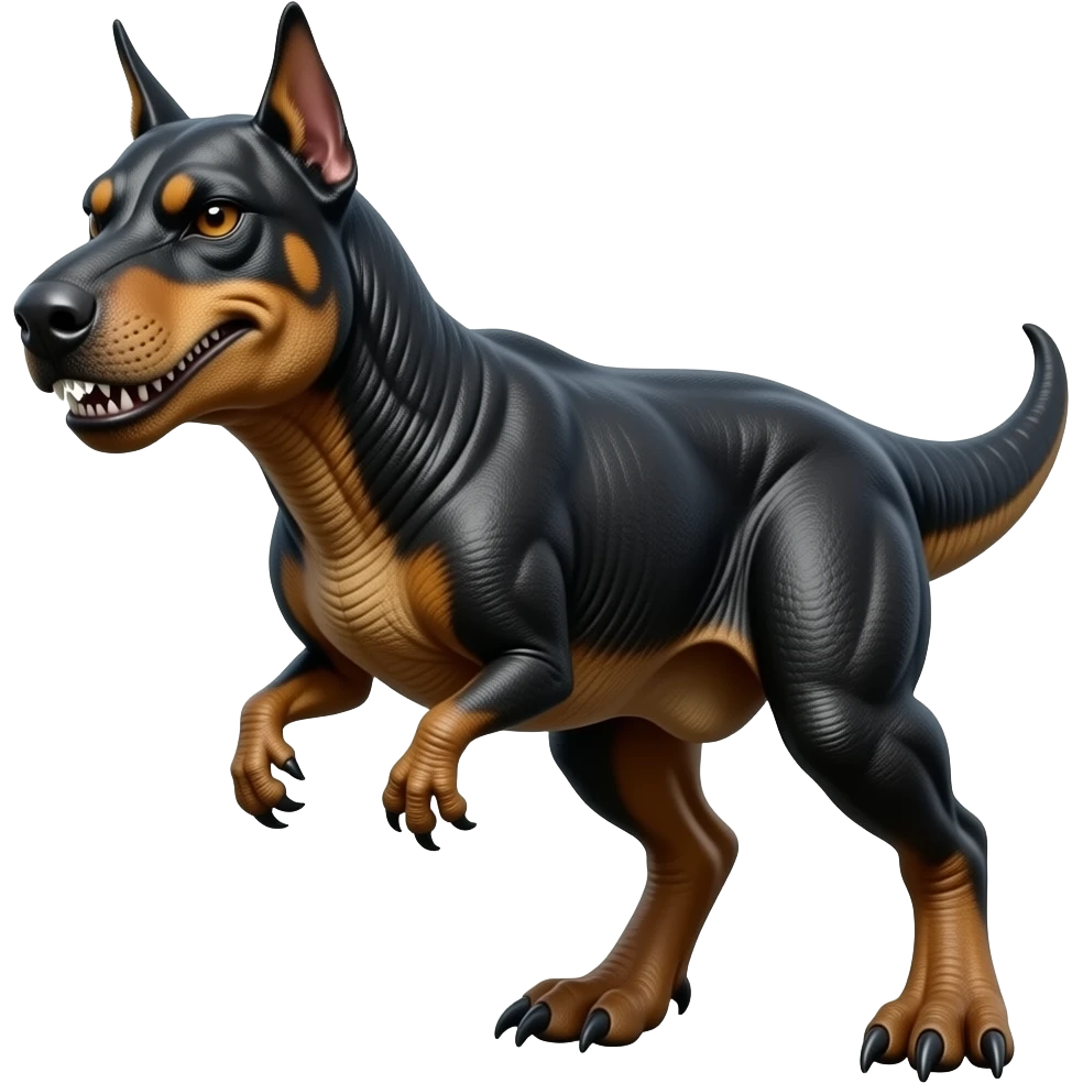 doberman and t rex mixed,put him short front arms and make him angry emoji