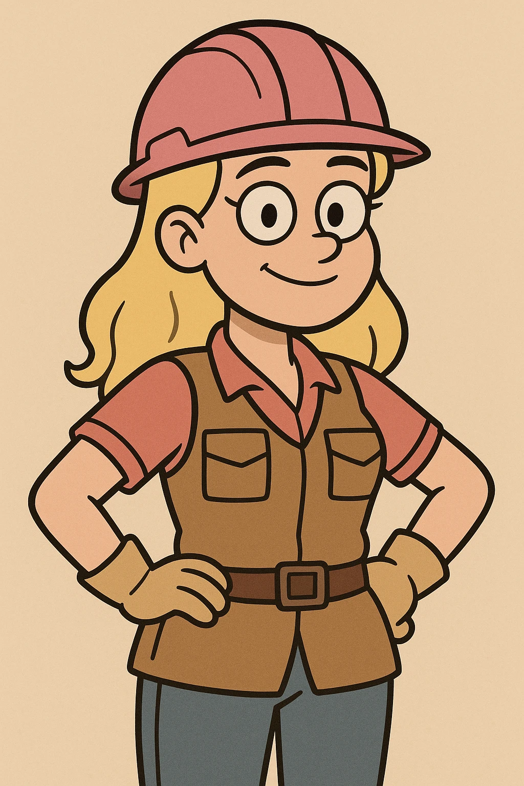 cartoon style blonde girl construction worker wearing pink helmet and construction attire, friendly expression, simple background emoji