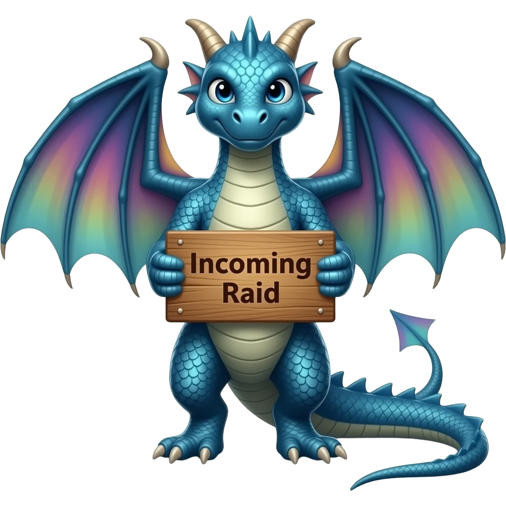 Blue dragon holding Incoming Raid sign emoji