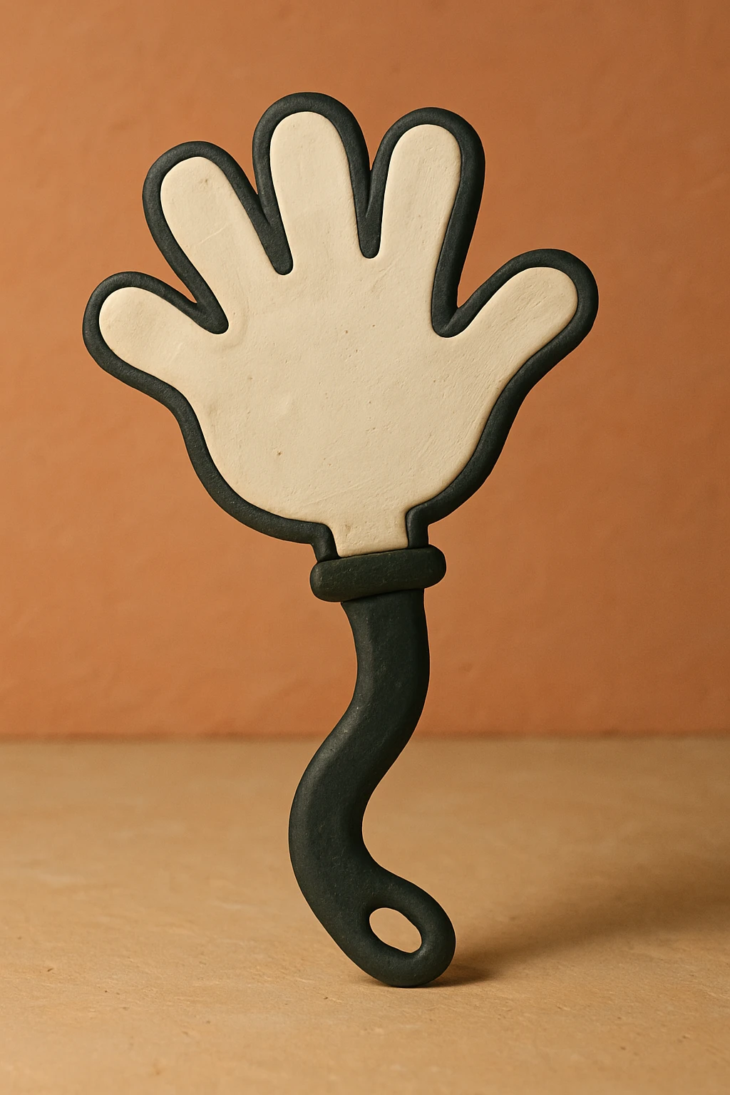 Remove the face from the cartoon style plastic slap hand. Keep the white hand, black handle, and thick black outline. Maintain the cartoon plastic slap hand style with a clean look without the face. emoji