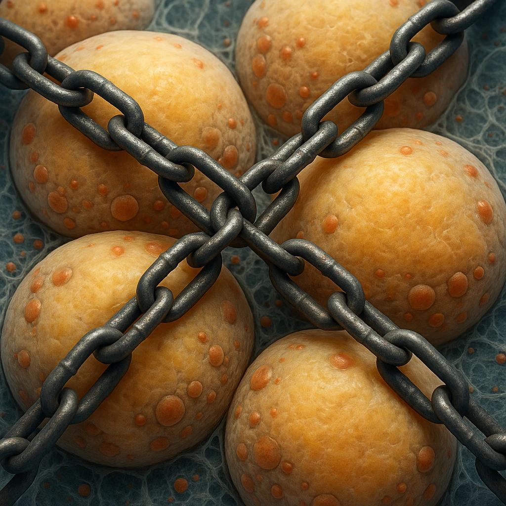 hyper realistic 4K adipocytes seen under microscope, blocked by metal chains, cellular details, scientific atmosphere emoji