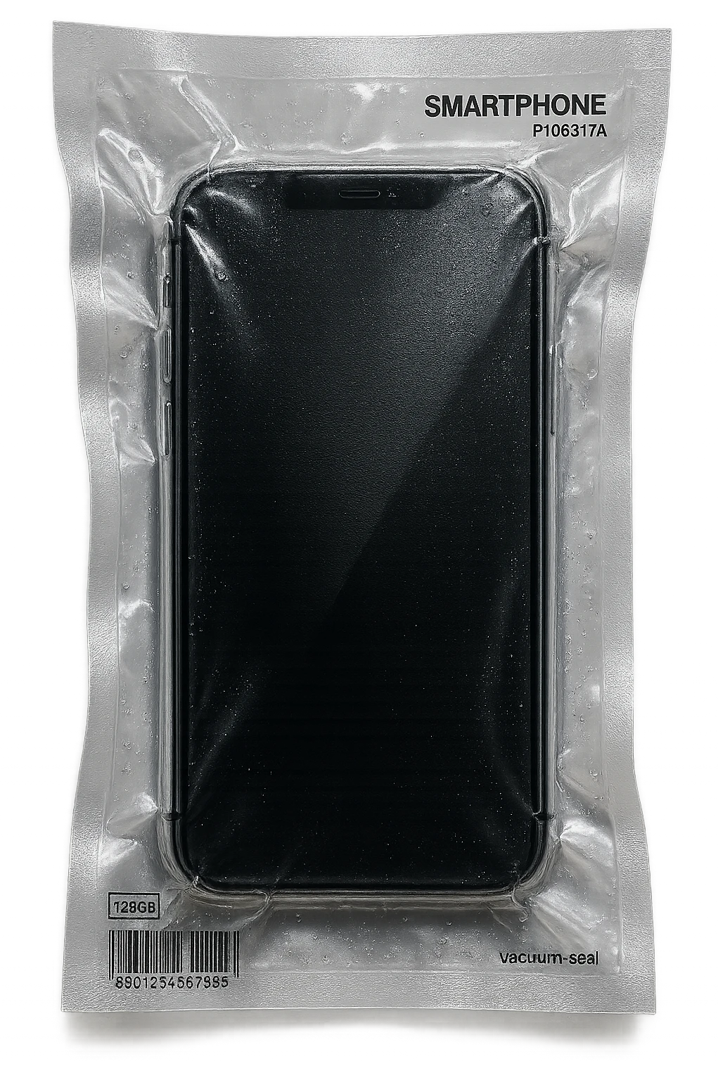 vacuum-sealed smartphone, tightly wrapped and reflective emoji