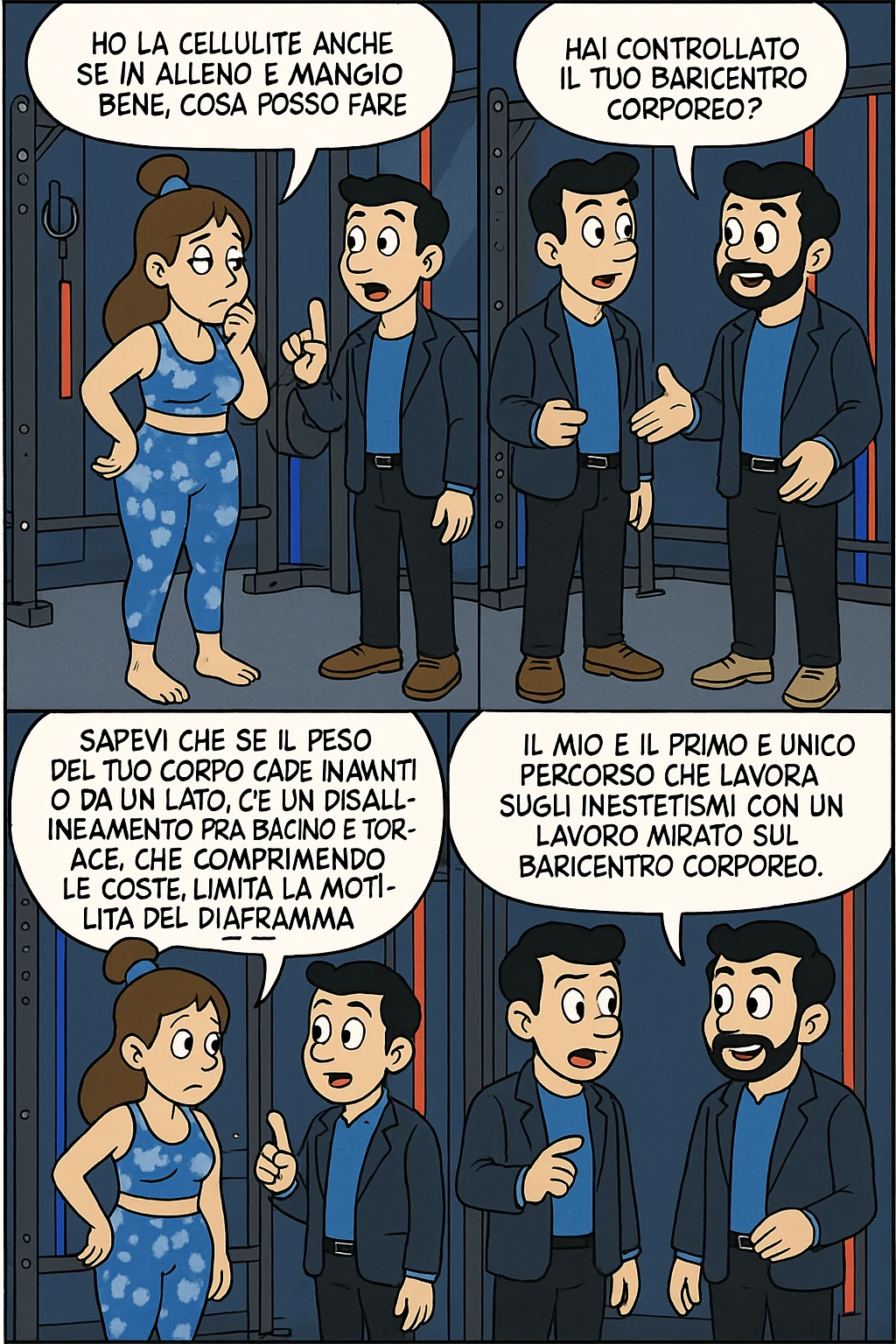 TRASFORMA QUESTO CAROSELLO IN UN FUMETTO STILE FUMETTO TOPOLINO CON QUESTE DUE PERSONE IDENTICHE CHE INTERLOQUISCONO TRA LORO:

LEI: Ho la cellulite anche se mi alleno e mangio bene, cosa posso fare?

LUI: Hai controllato il tuo baricentro corporeo?
LUI: Sapevi che se il peso del tuo corpo cade in avanti o da un lato, c’è un disallineamento fra bacino e torace, che comprimendo le coste, limita la motilità del diaframma e l’ossigenazione dei tessuti?
LUI: Il mio è il primo e unico percorso che lavora sugli inestetismi con un lavoro mirato sul baricentro corporeo. emoji