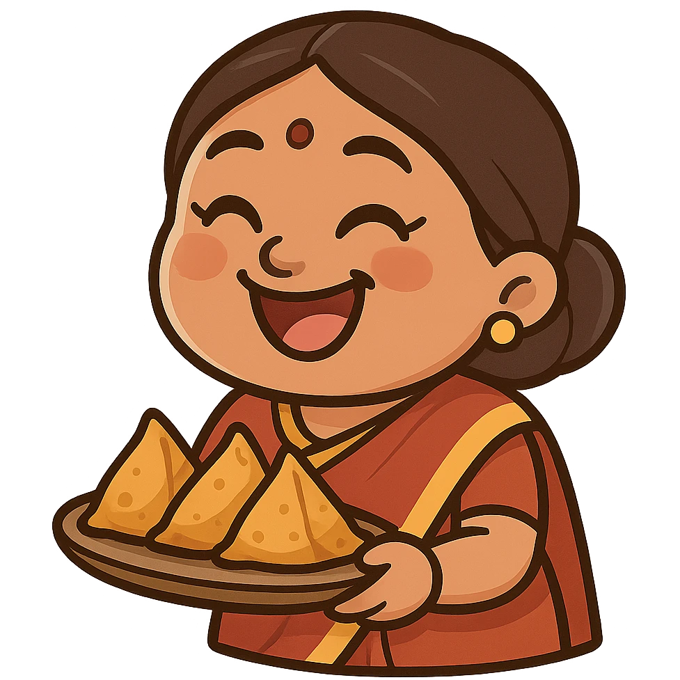 cartoon Indian auntie with bindi, big smile, twinkling eyes, holding tray of samosas, exuding warmth and playful meddling, sticker emoji style emoji